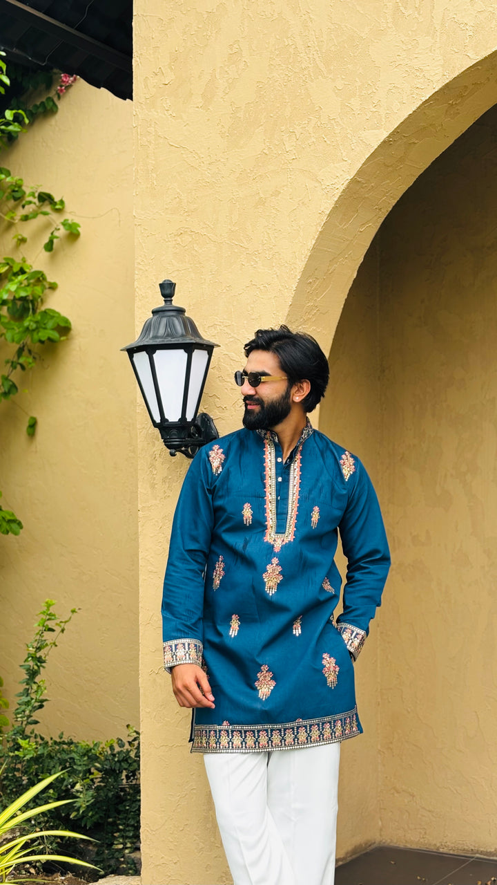 SUFI BLUE SHORT EMBROIDERED KURTA