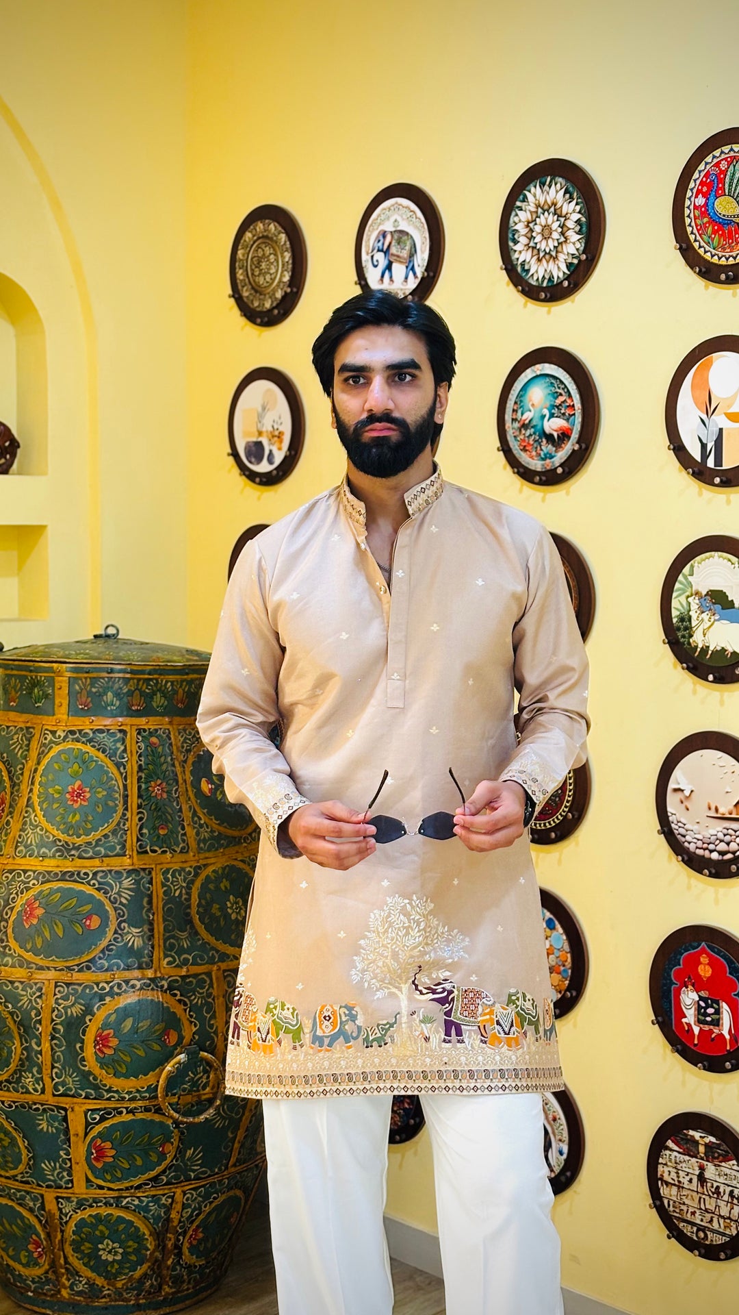BEIGE KALPRAAG – ELEPHANT PATTERN JACQUARD EXCLUSIVE KURTA