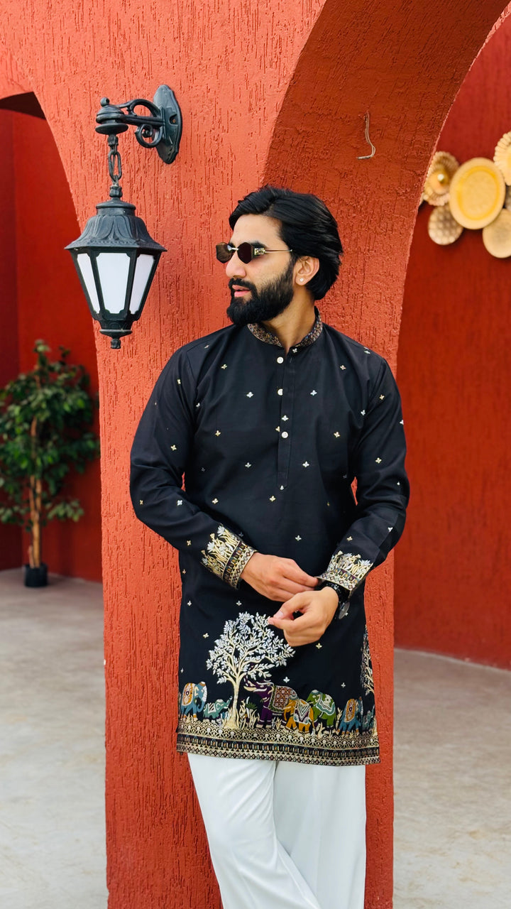 BLACK KALPRAAG – ELEPHANT PATTERN JACQUARD EXCLUSIVE KURTA