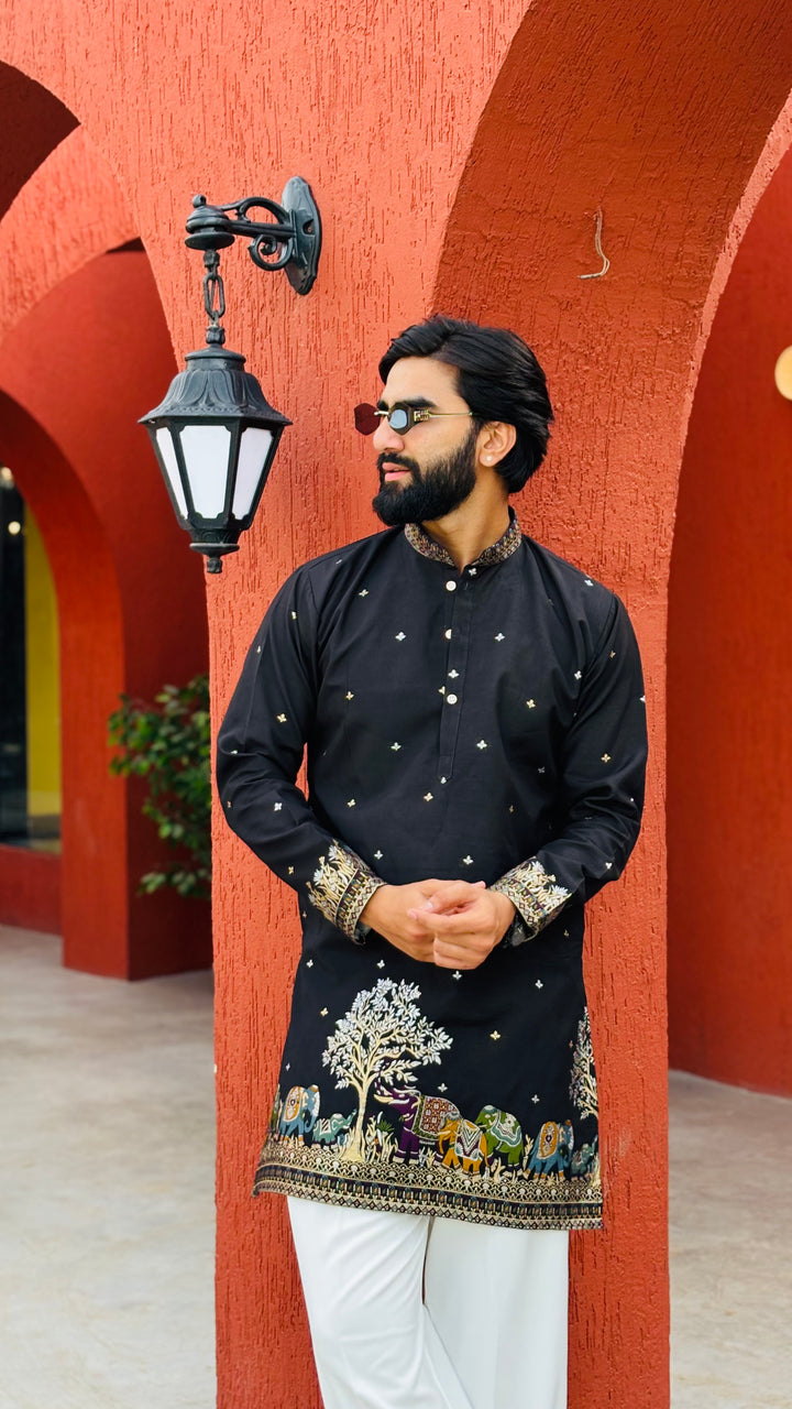 BLACK KALPRAAG – ELEPHANT PATTERN JACQUARD EXCLUSIVE KURTA