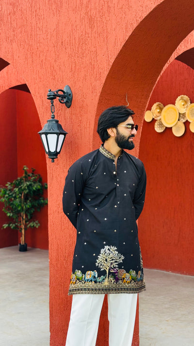 BLACK KALPRAAG – ELEPHANT PATTERN JACQUARD EXCLUSIVE KURTA