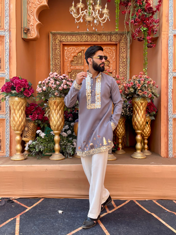 GREY MIRROR EMBOLLISHED READY TO CRAFT (RTC) KURTA