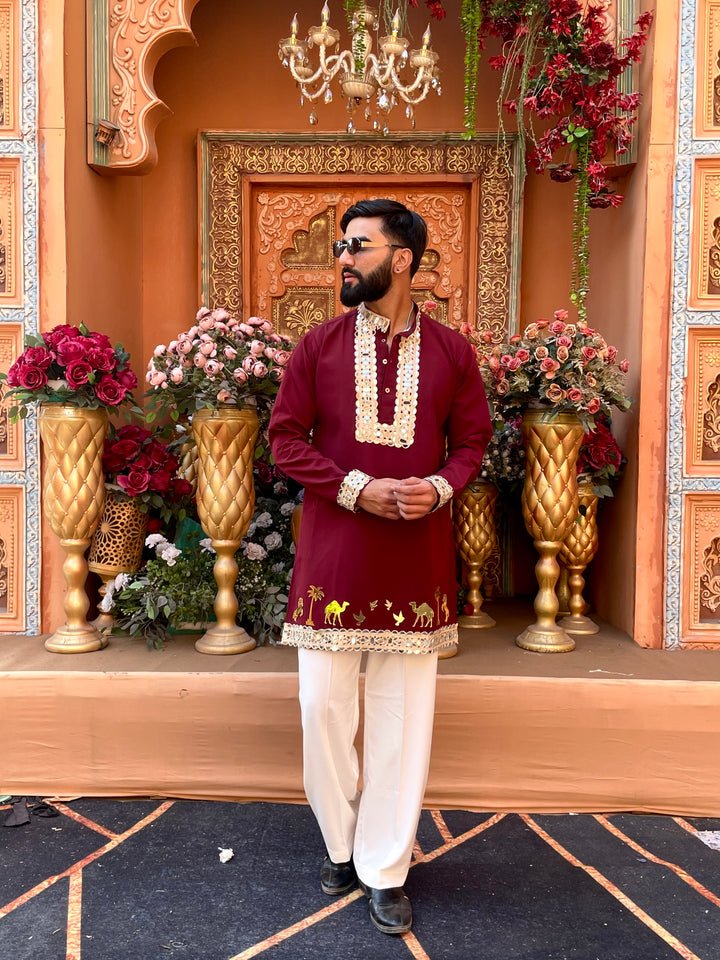 MAROON MIRROR EMBOLLISHED READY TO CRAFT (RTC) KURTA