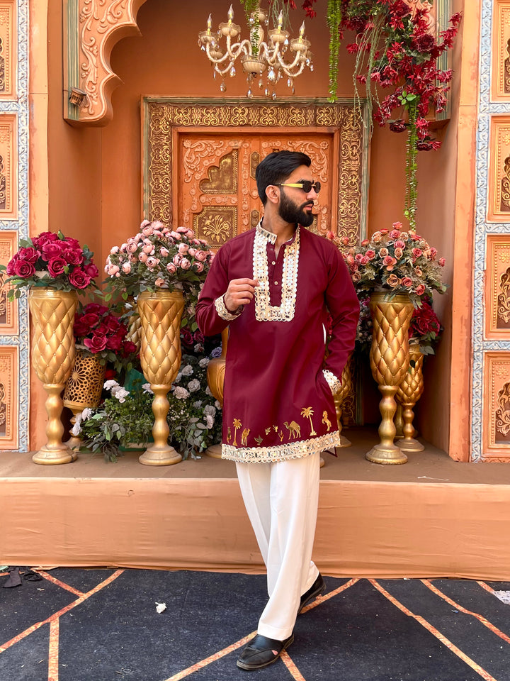 MAROON MIRROR EMBOLLISHED READY TO CRAFT (RTC) KURTA