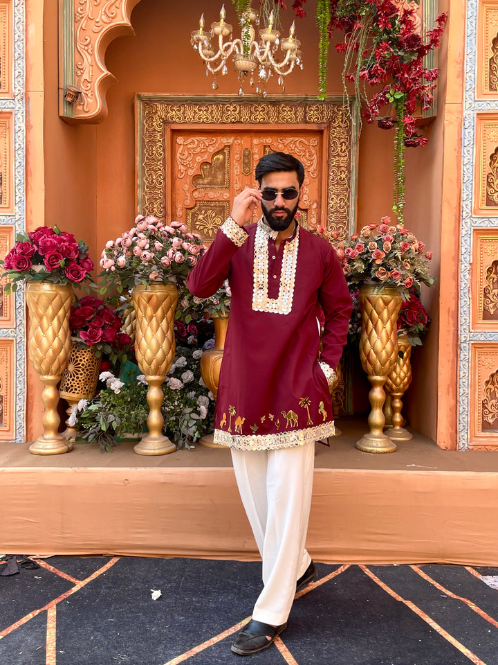 MAROON MIRROR EMBOLLISHED READY TO CRAFT (RTC) KURTA