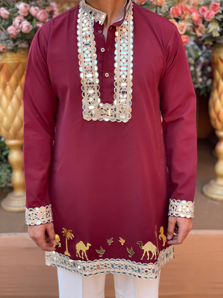 MAROON MIRROR EMBOLLISHED READY TO CRAFT (RTC) KURTA
