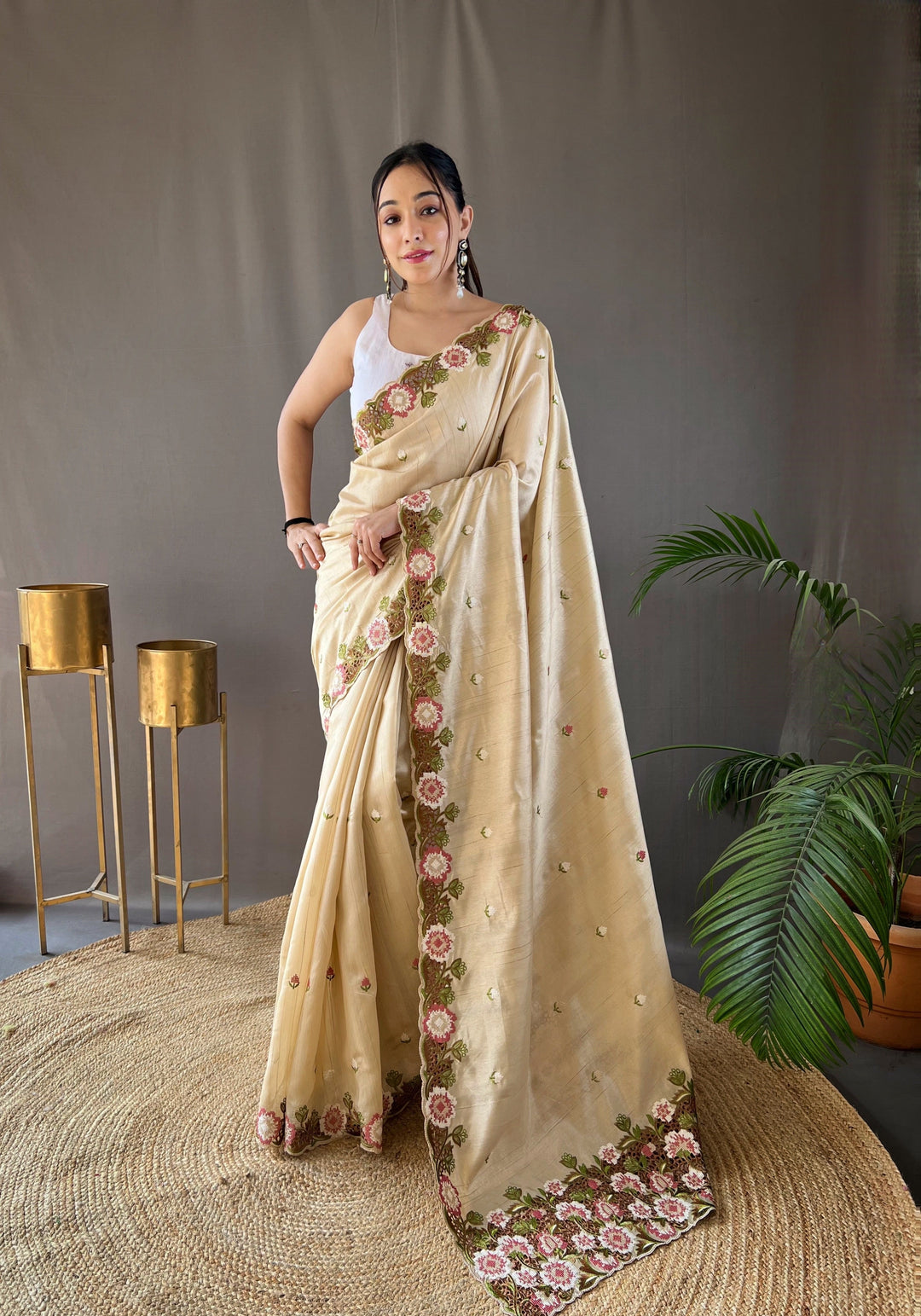 One Minute Ready to Wear Ivory Narmada Tussar Silk Embroidered Saree