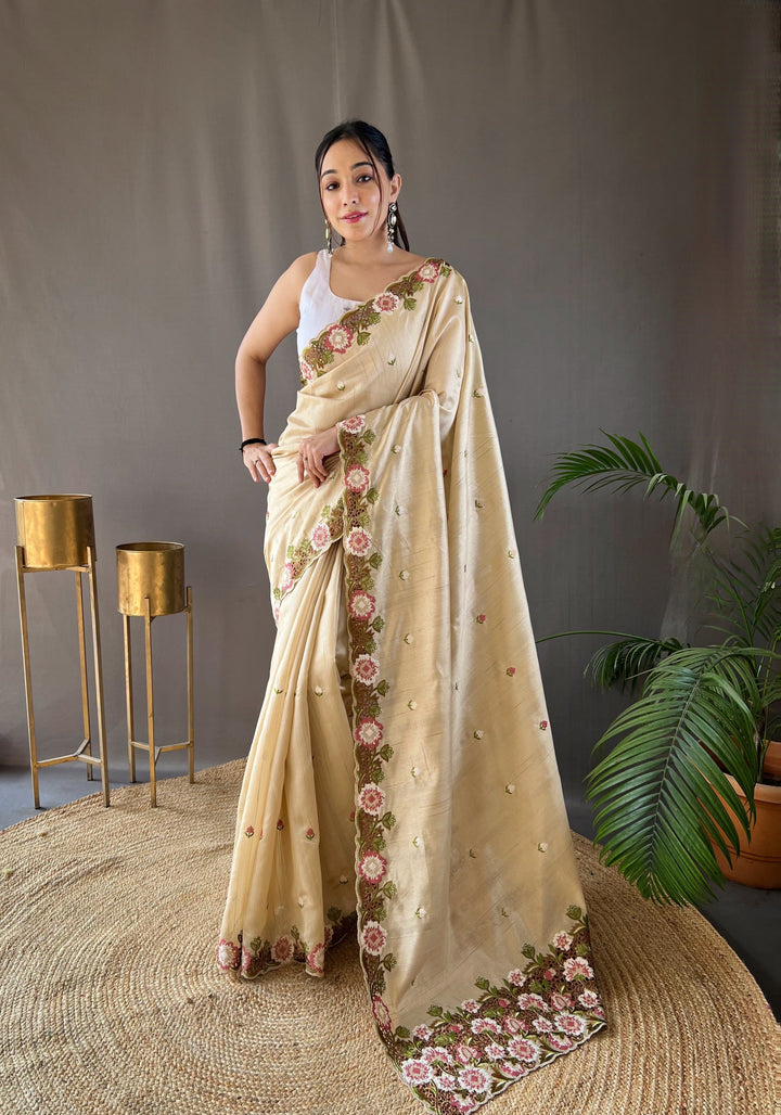 One Minute Ready to Wear Ivory Narmada Tussar Silk Embroidered Saree