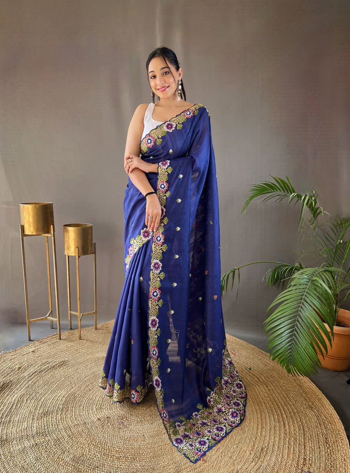 One Minute Ready to Wear Navy Narmada Tussar Silk Embroidered Saree