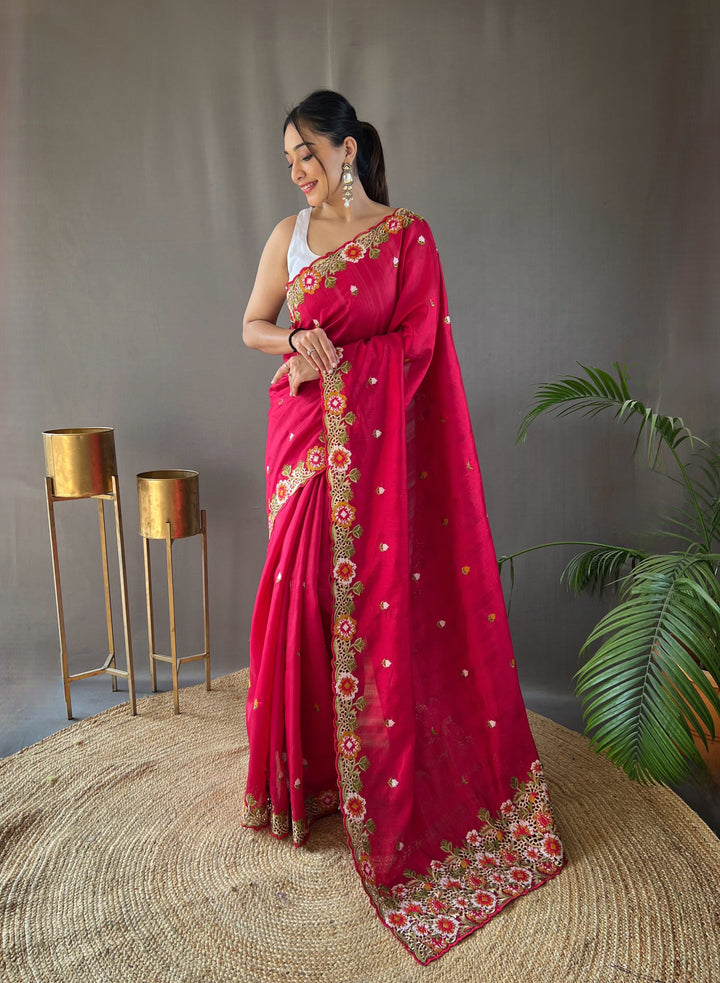 One Minute Ready to Wear Pink Narmada Tussar Silk Embroidered Saree