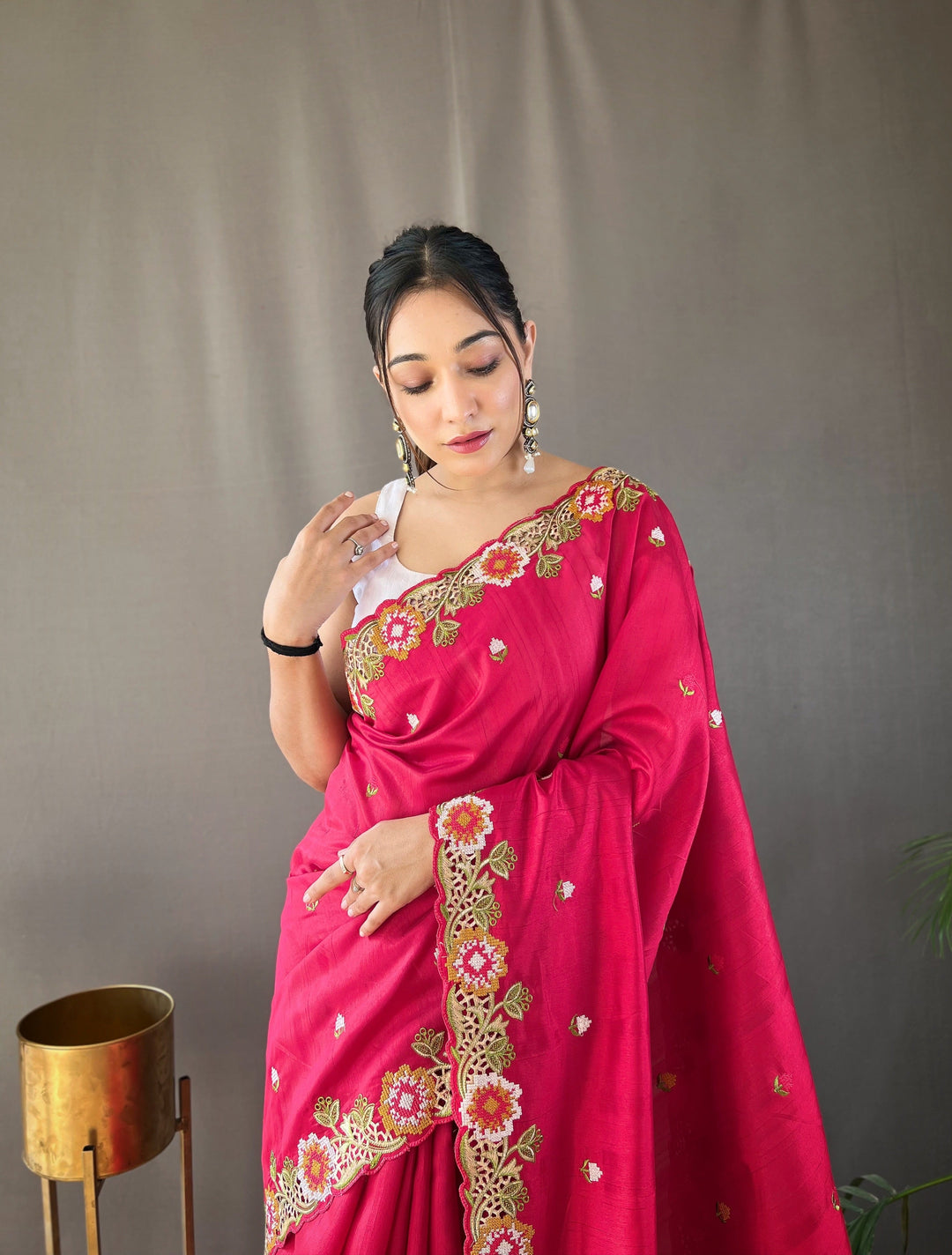 One Minute Ready to Wear Pink Narmada Tussar Silk Embroidered Saree