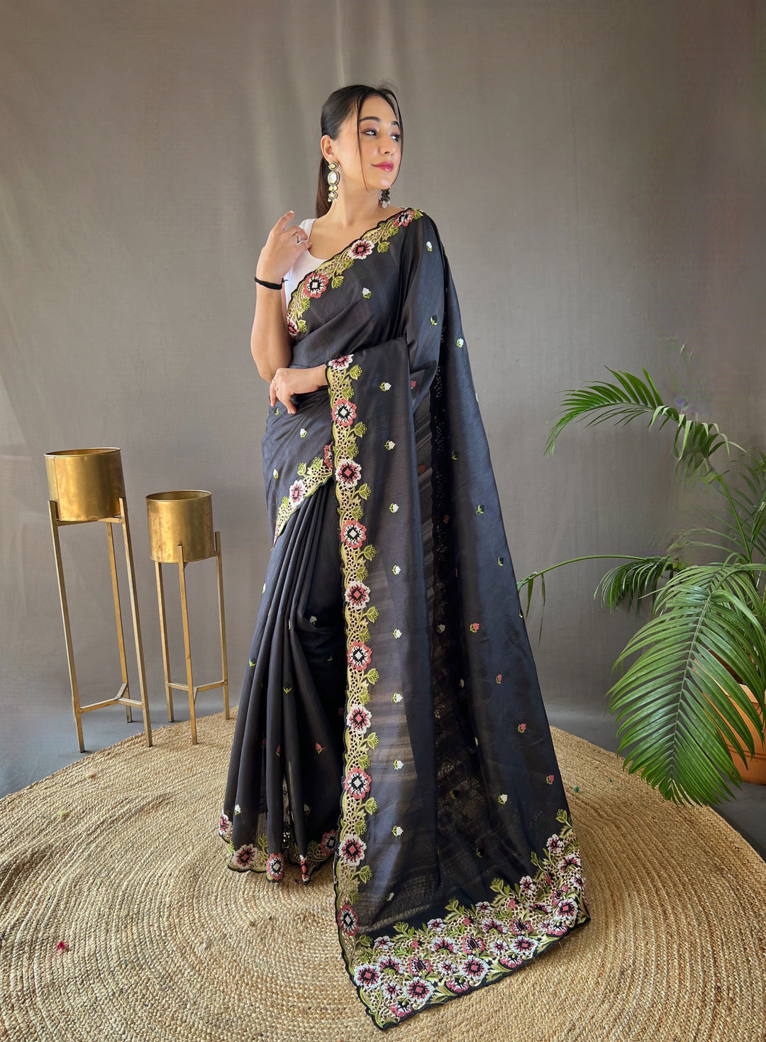 One Minute Ready to Wear Black Narmada Tussar Silk Embroidered Saree