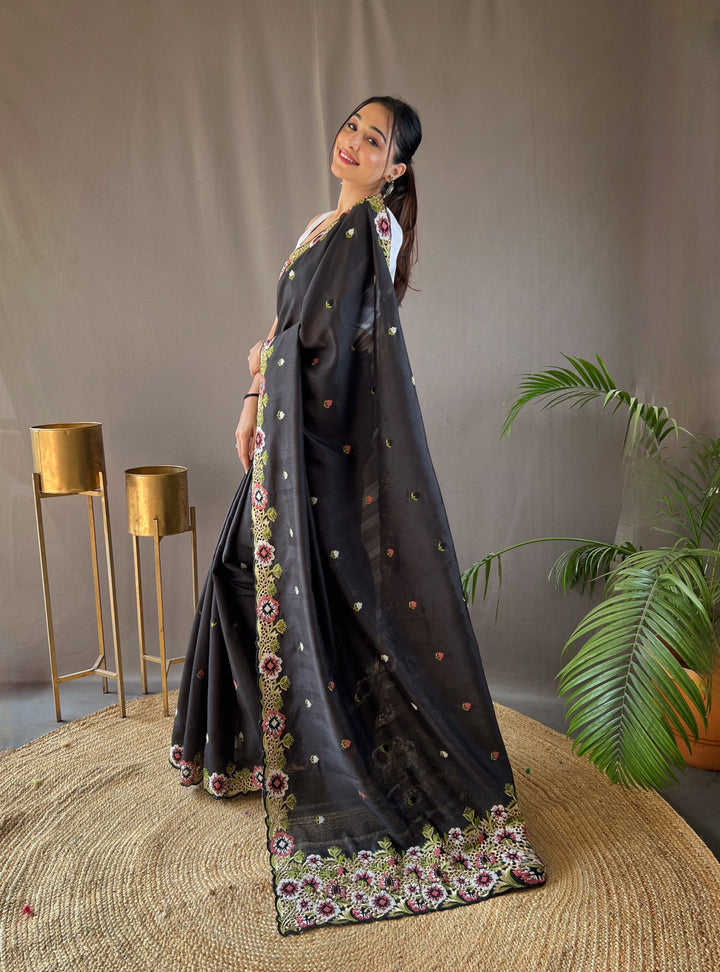 One Minute Ready to Wear Black Narmada Tussar Silk Embroidered Saree