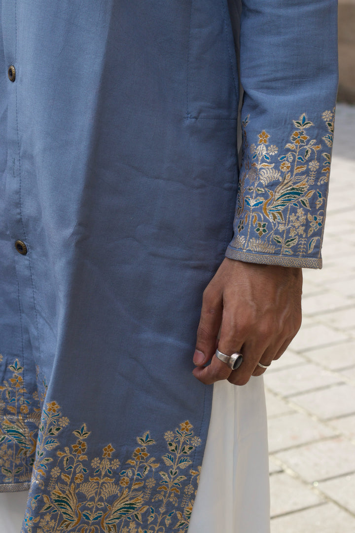 SMOKY GREY BIRD PATTERN JACQUARD DESIGNER INDO-KURTA