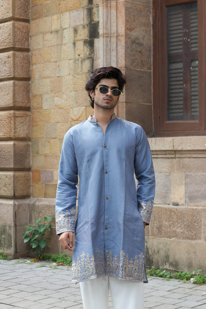 SMOKY GREY BIRD PATTERN JACQUARD DESIGNER INDO-KURTA