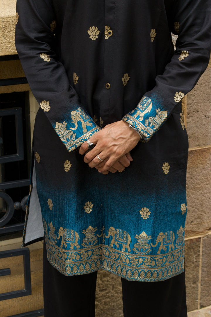 BLACK FIROZI FADE REGAL ELEPHANT WEAVE JACQUARD KURTA