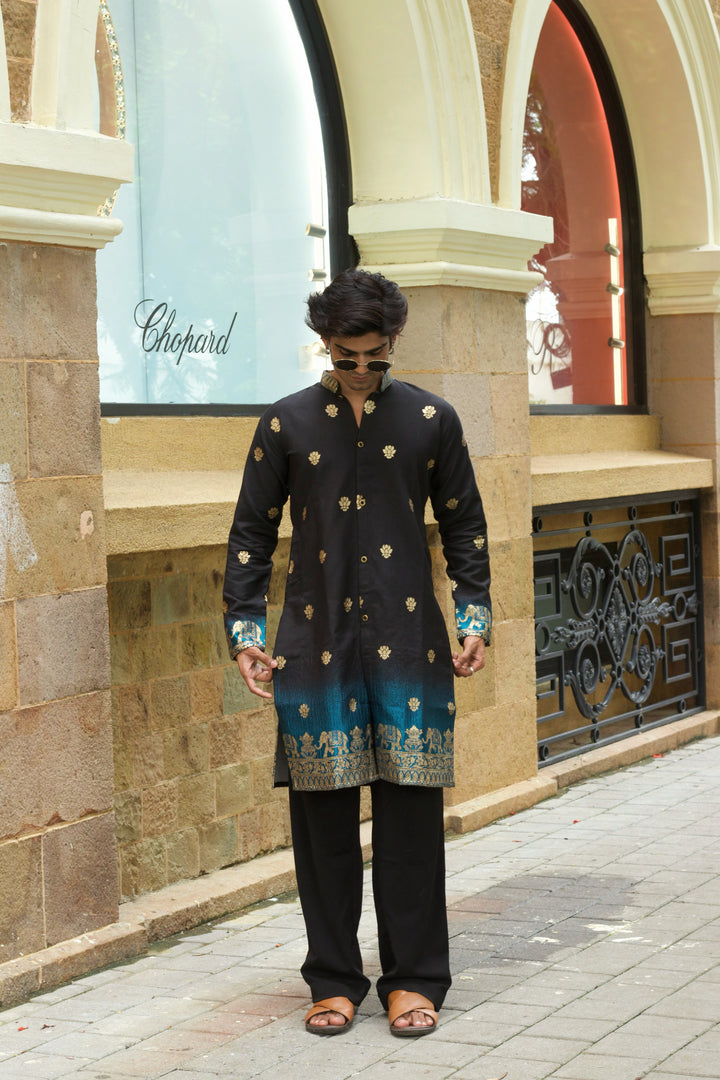 BLACK FIROZI FADE REGAL ELEPHANT WEAVE JACQUARD KURTA