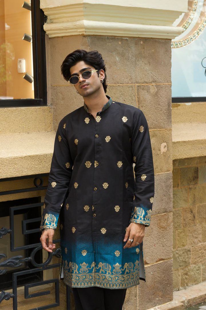 BLACK FIROZI FADE REGAL ELEPHANT WEAVE JACQUARD KURTA