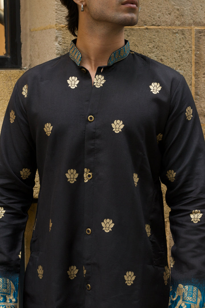 BLACK FIROZI FADE REGAL ELEPHANT WEAVE JACQUARD KURTA