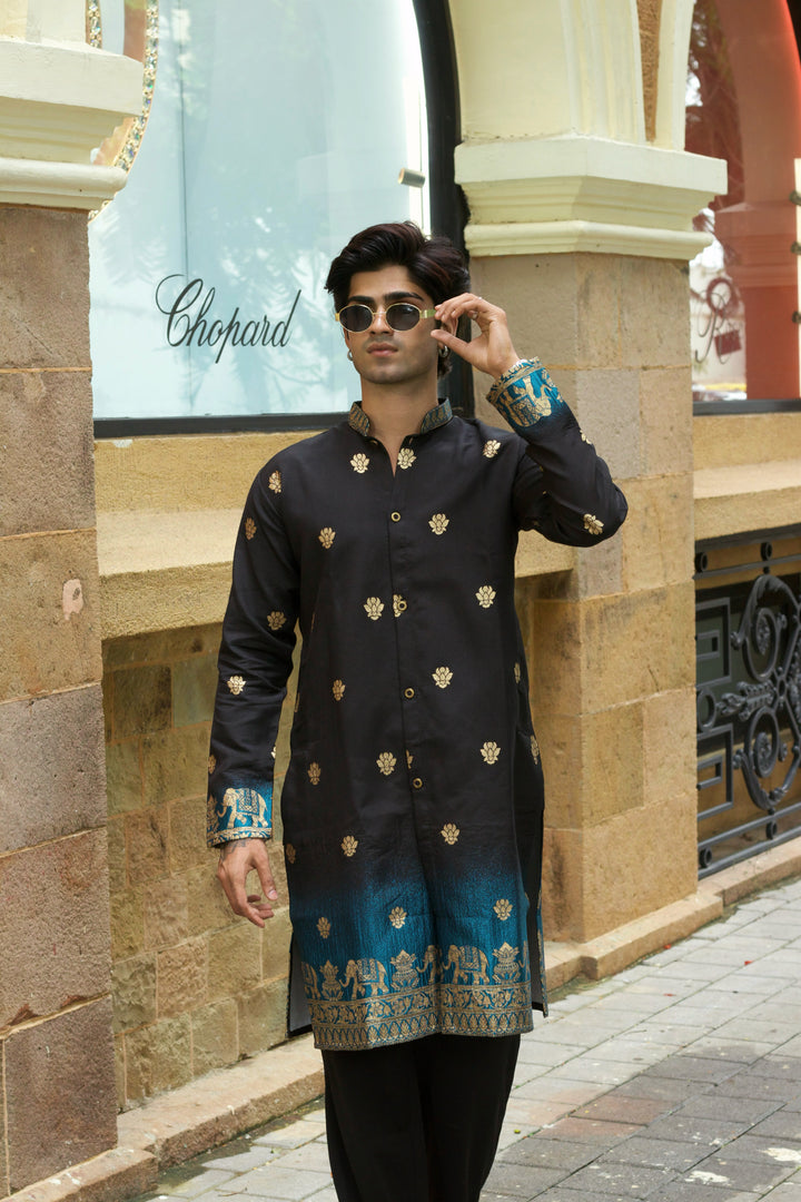 BLACK FIROZI FADE REGAL ELEPHANT WEAVE JACQUARD KURTA