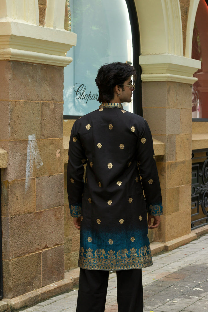 BLACK FIROZI FADE REGAL ELEPHANT WEAVE JACQUARD KURTA