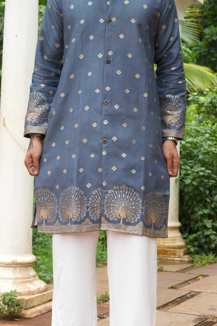 PEACOCK DESIGNED GREY JACQUARD INDO-WESTERN KURTA
