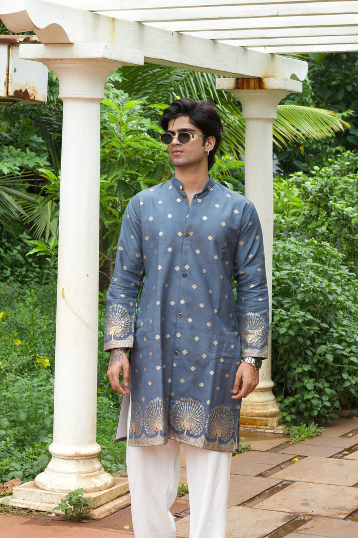 PEACOCK DESIGNED GREY JACQUARD INDO-WESTERN KURTA