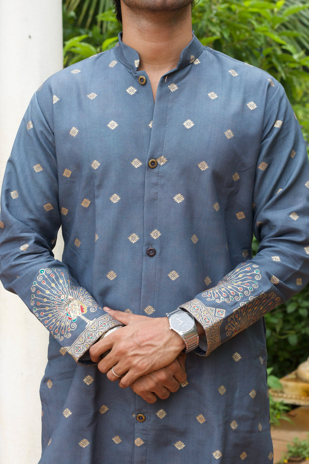 PEACOCK DESIGNED GREY JACQUARD INDO-WESTERN KURTA
