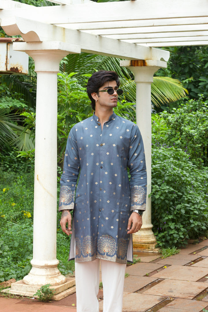 PEACOCK DESIGNED GREY JACQUARD INDO-WESTERN KURTA