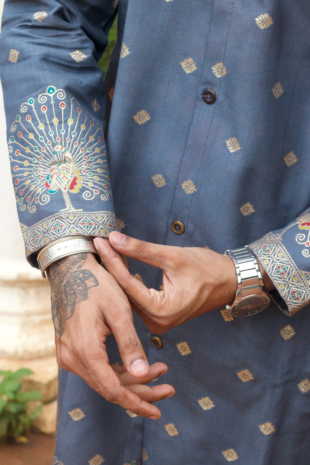 PEACOCK DESIGNED GREY JACQUARD INDO-WESTERN KURTA