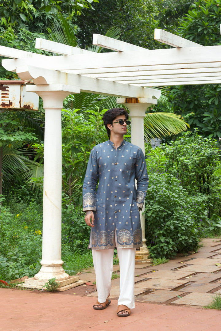 PEACOCK DESIGNED GREY JACQUARD INDO-WESTERN KURTA