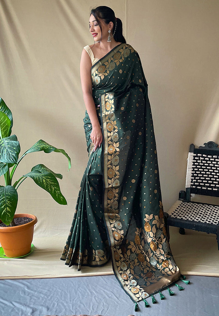 1 MIN Ready To Wear Dark Green Suhani Banarasi Silk Zari Woven Saree