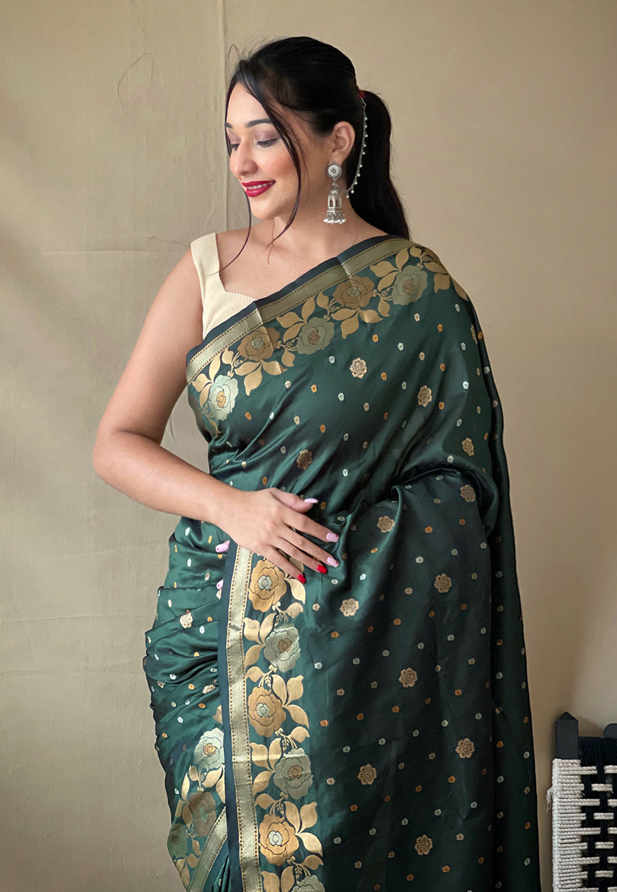 1 MIN Ready To Wear Dark Green Suhani Banarasi Silk Zari Woven Saree