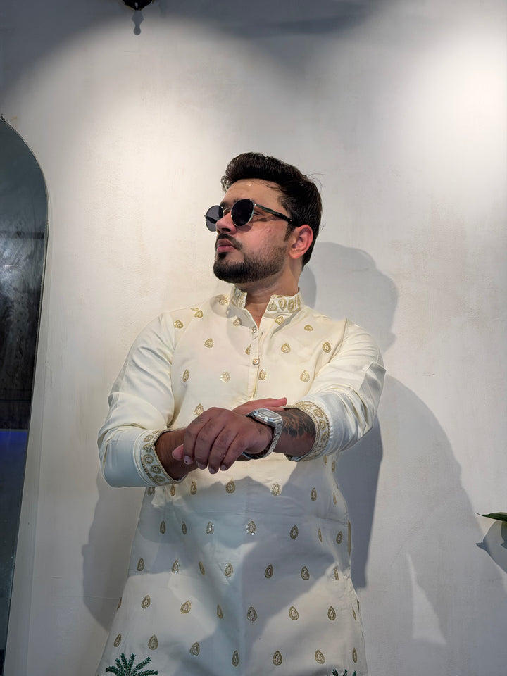 ROYALS OF SUNDARBAN IVORY EMBROIDERED KURTA