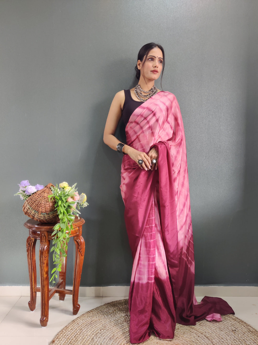 1 MIN Ready To Wear Sibori Border Maroon Shade Saree