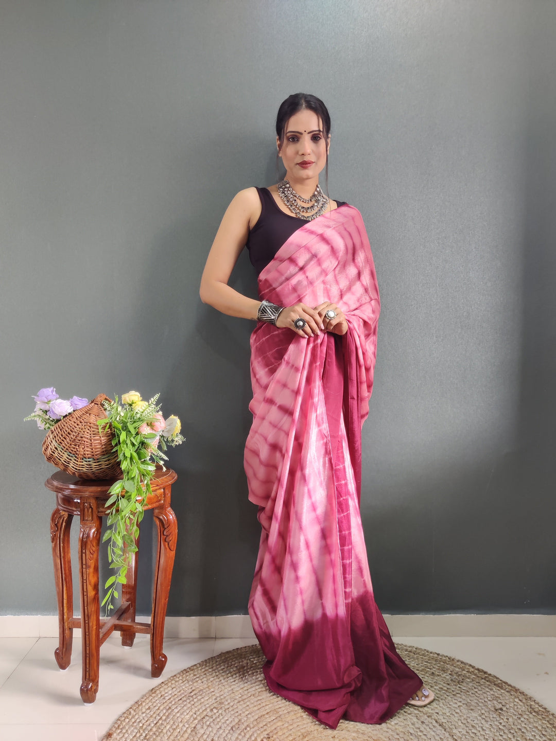 1 MIN Ready To Wear Sibori Border Maroon Shade Saree