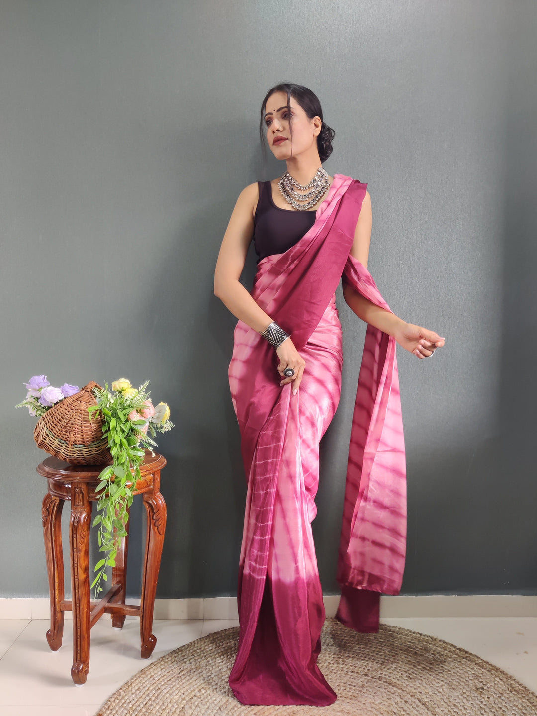 1 MIN Ready To Wear Sibori Border Maroon Shade Saree