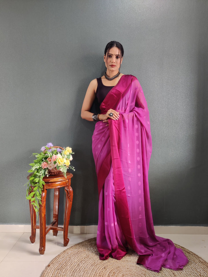 1 MIN Ready To Wear Pink Yamuna Saree