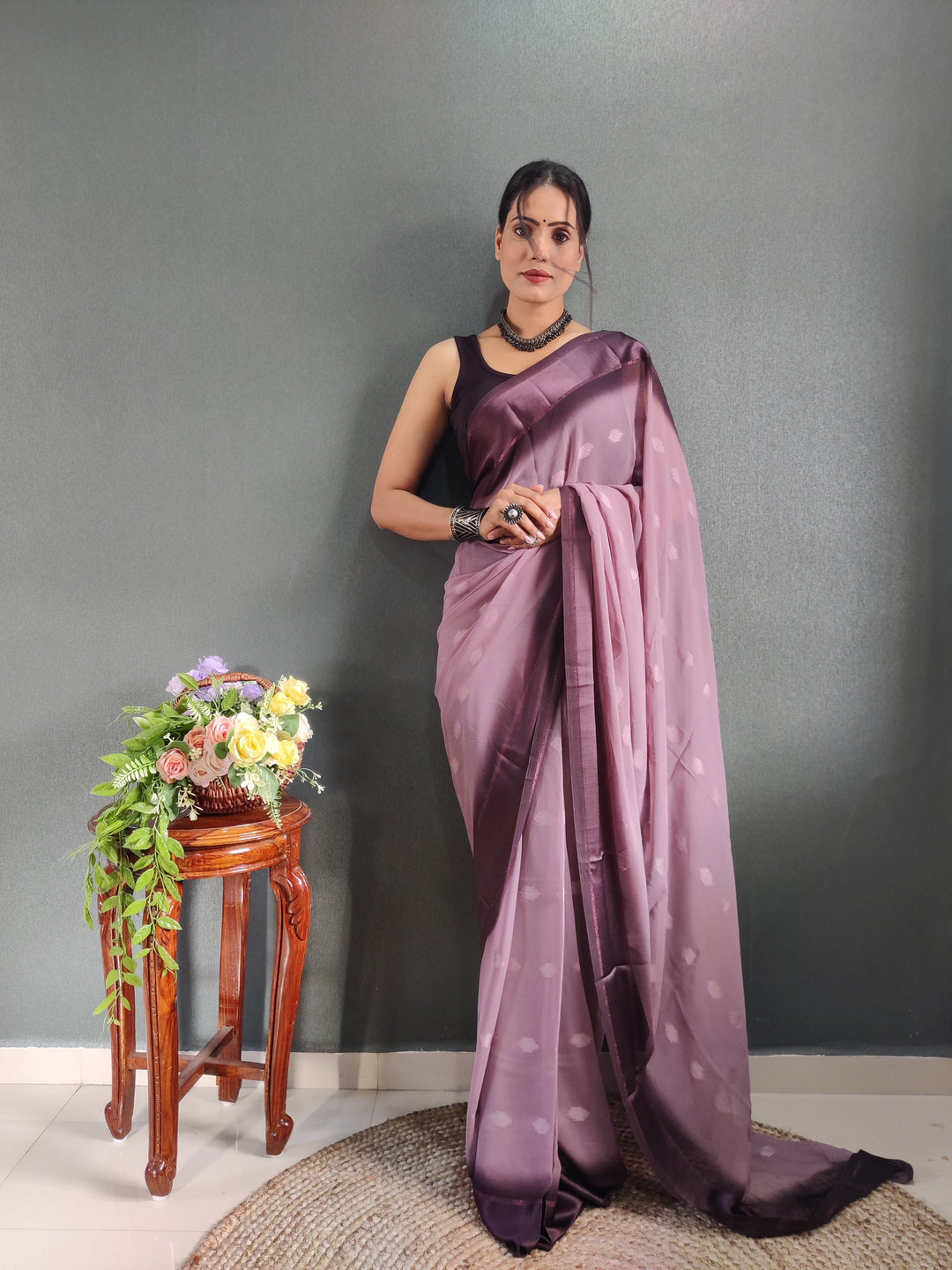 1 MIN Ready To Wear Dusky Purple Yamuna Saree