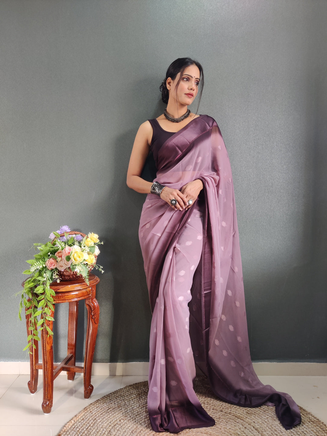 1 MIN Ready To Wear Dusky Purple Yamuna Saree