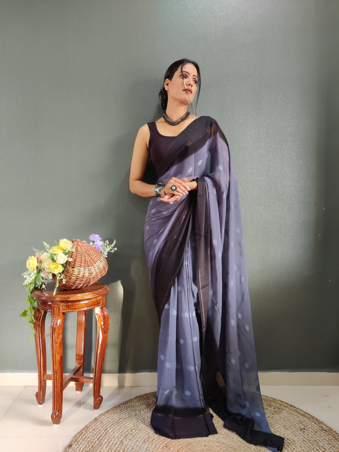 1 MIN Ready To Wear Bluish Grey Yamuna Saree