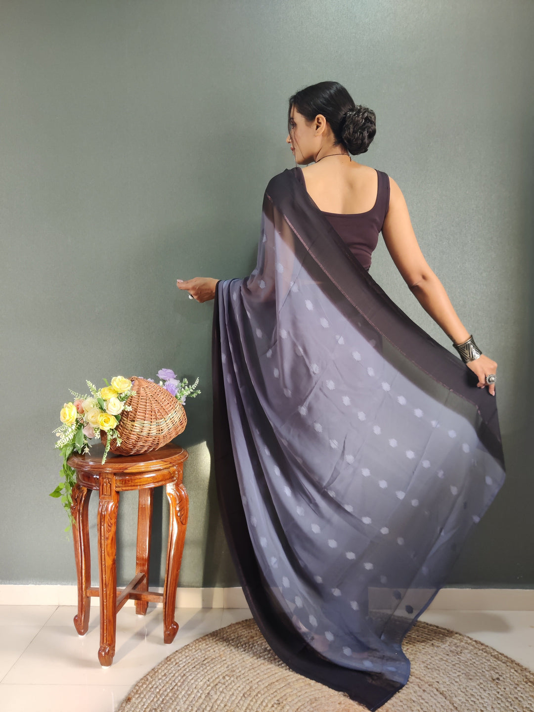 1 MIN Ready To Wear Bluish Grey Yamuna Saree