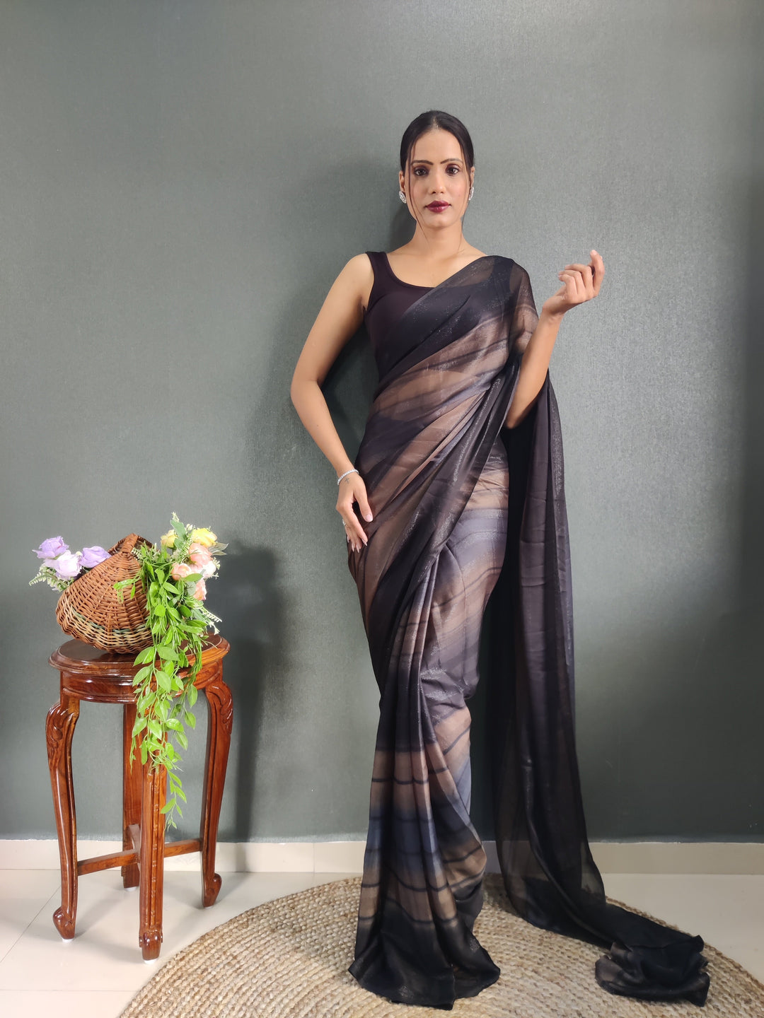 1 MIN Ready To Wear Black Shade Heer Saree