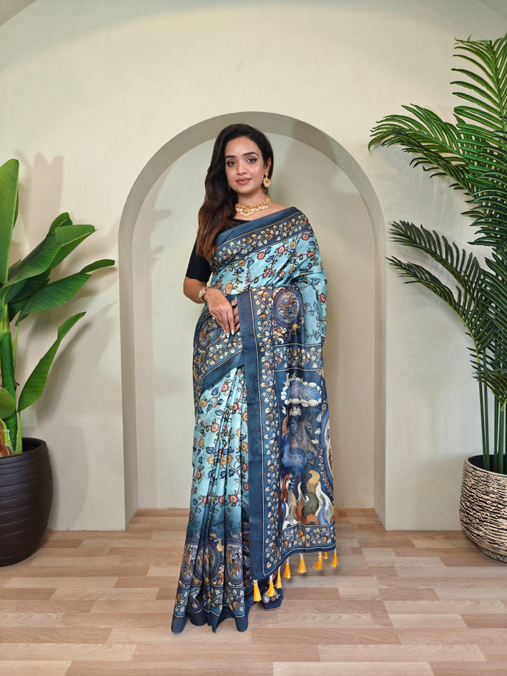 Pure malai Cotton Sky blue Kalamkari pattern Saree - Priyanka