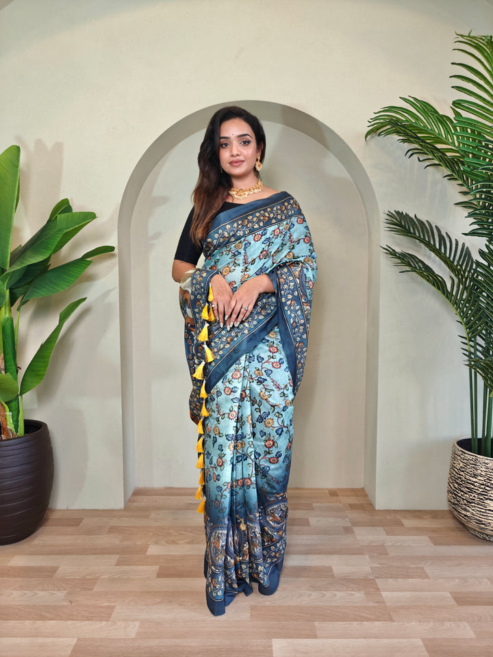 Pure malai Cotton Sky blue Kalamkari pattern Saree - Priyanka
