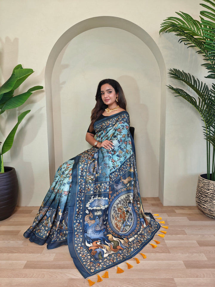 Pure malai Cotton Sky blue Kalamkari pattern Saree - Priyanka
