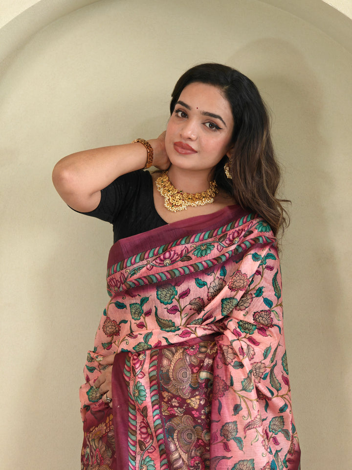 Pure malai Cotton Pink Kalamkari pattern Saree - Priyanka