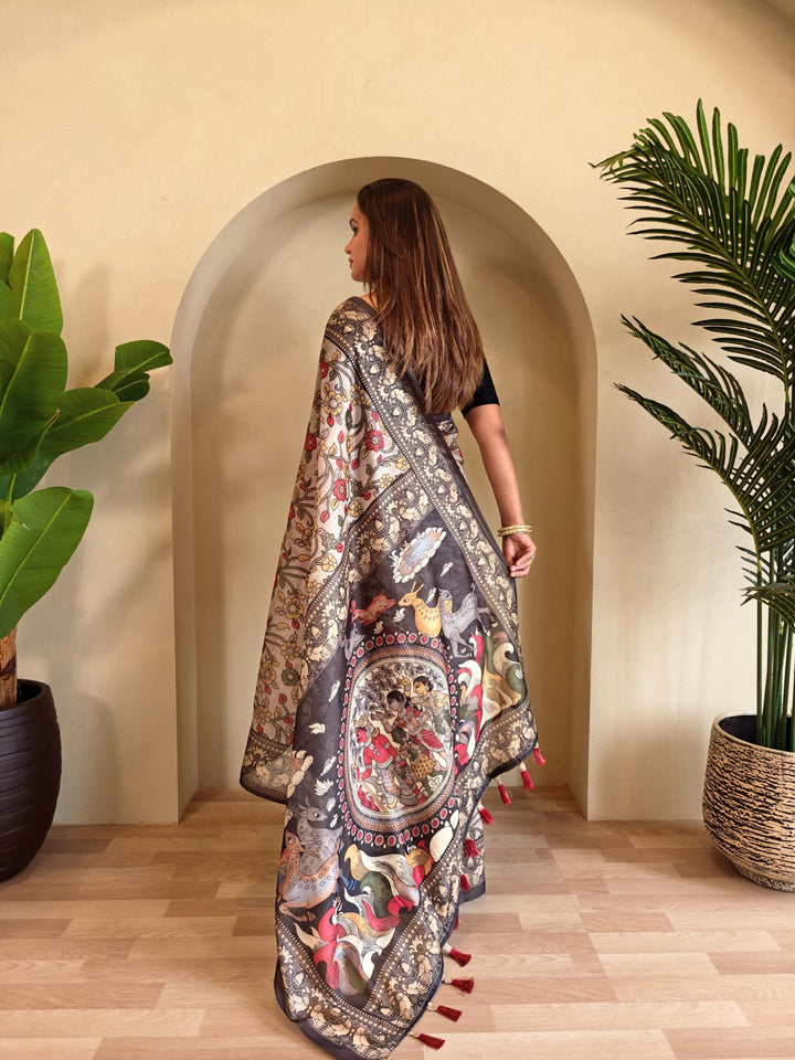 Grey Chanderi Cotton Kalamkari Printed Saree - Madhu