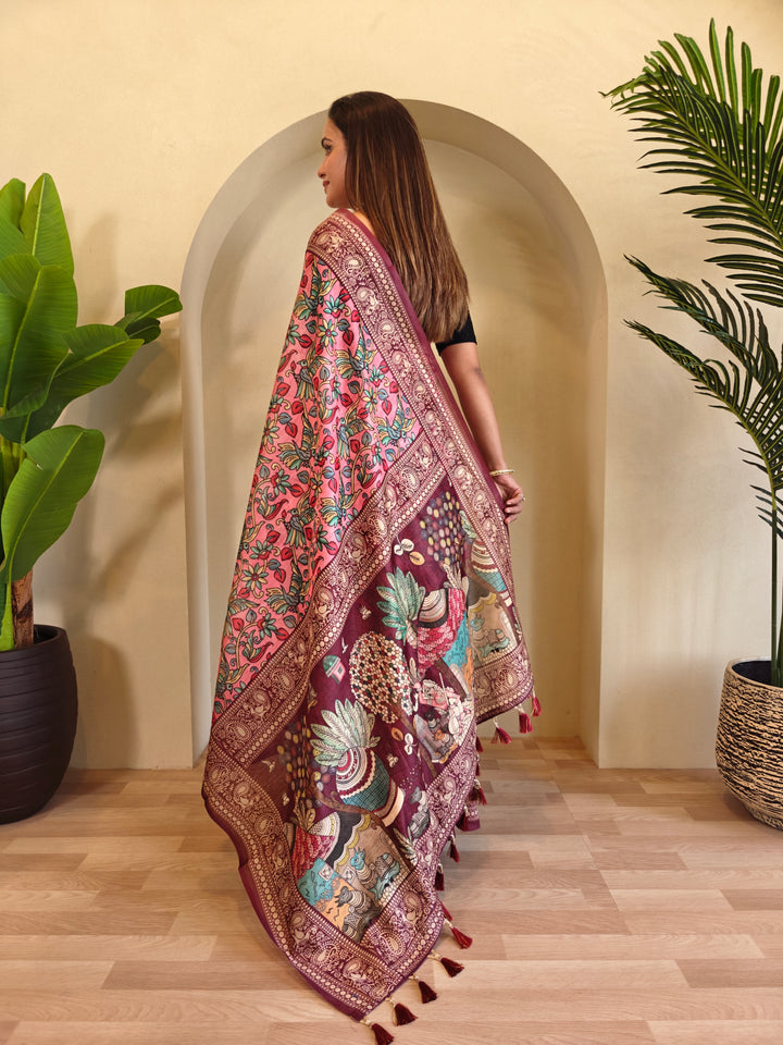 Pink Chanderi Cotton Kalamkari Printed Saree - Madhu
