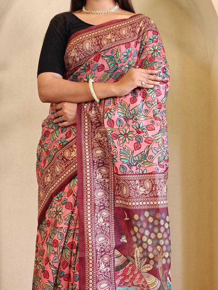 Pink Chanderi Cotton Kalamkari Printed Saree - Madhu